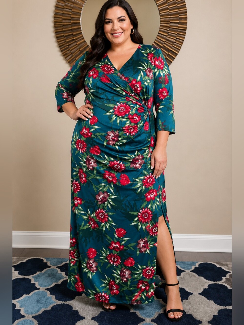 24seven Comfort Apparel Floral Side Slit Maxi Dress - Green/Red - Size 2X